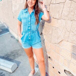 Celebrity Pink Denim Romper Small Chambray Button Front Rodeo Outfit